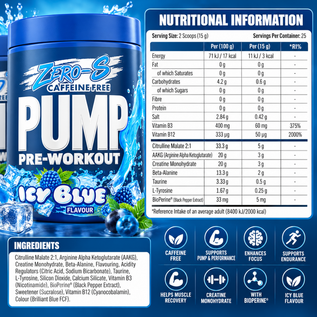 Zero-S Caffeine Free Pump Pre-Workout Icy Blue Raz with nutritional information and ingredients