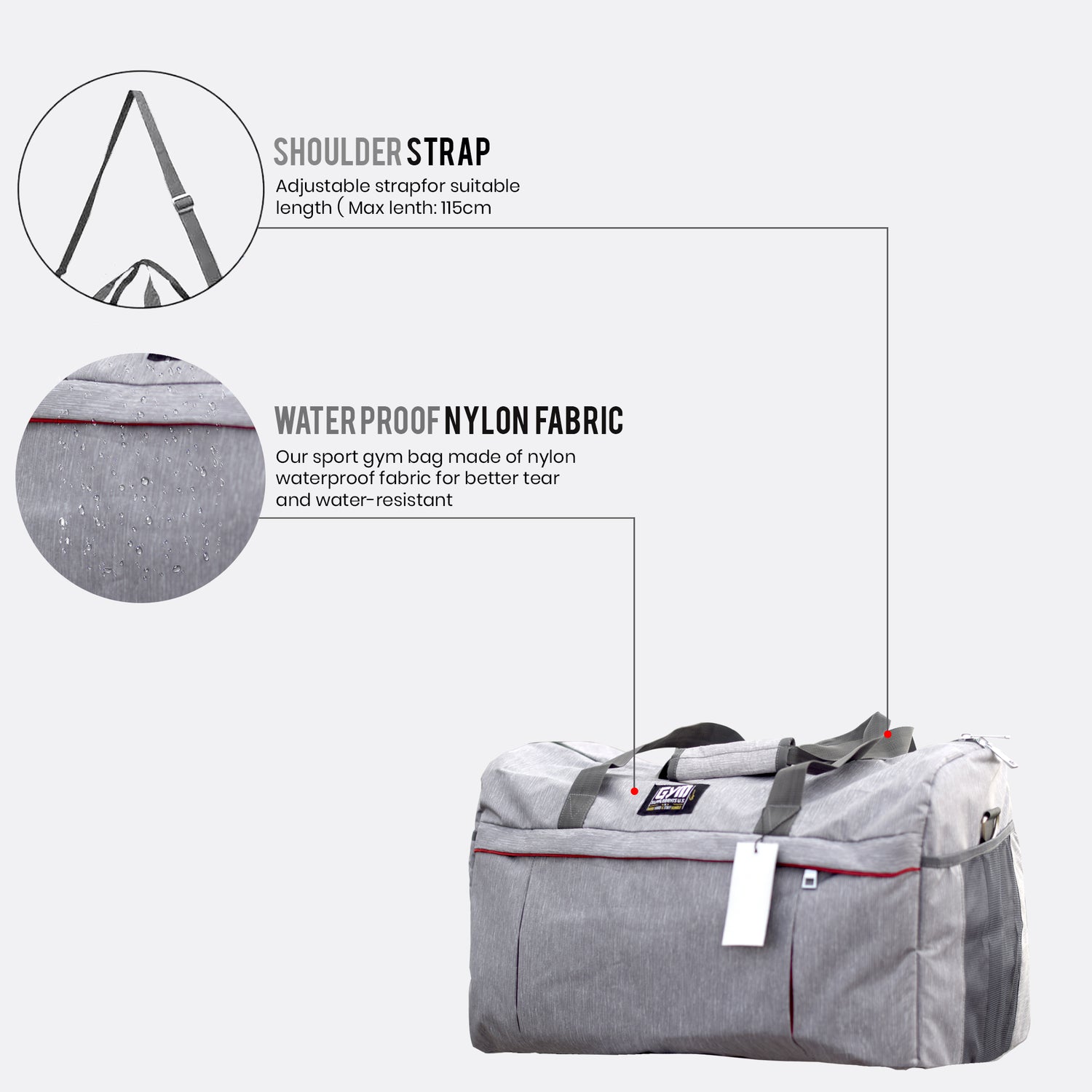 GYM BAG - GREY COLOR | GYM SUPPLEMENTSUS.COM 
