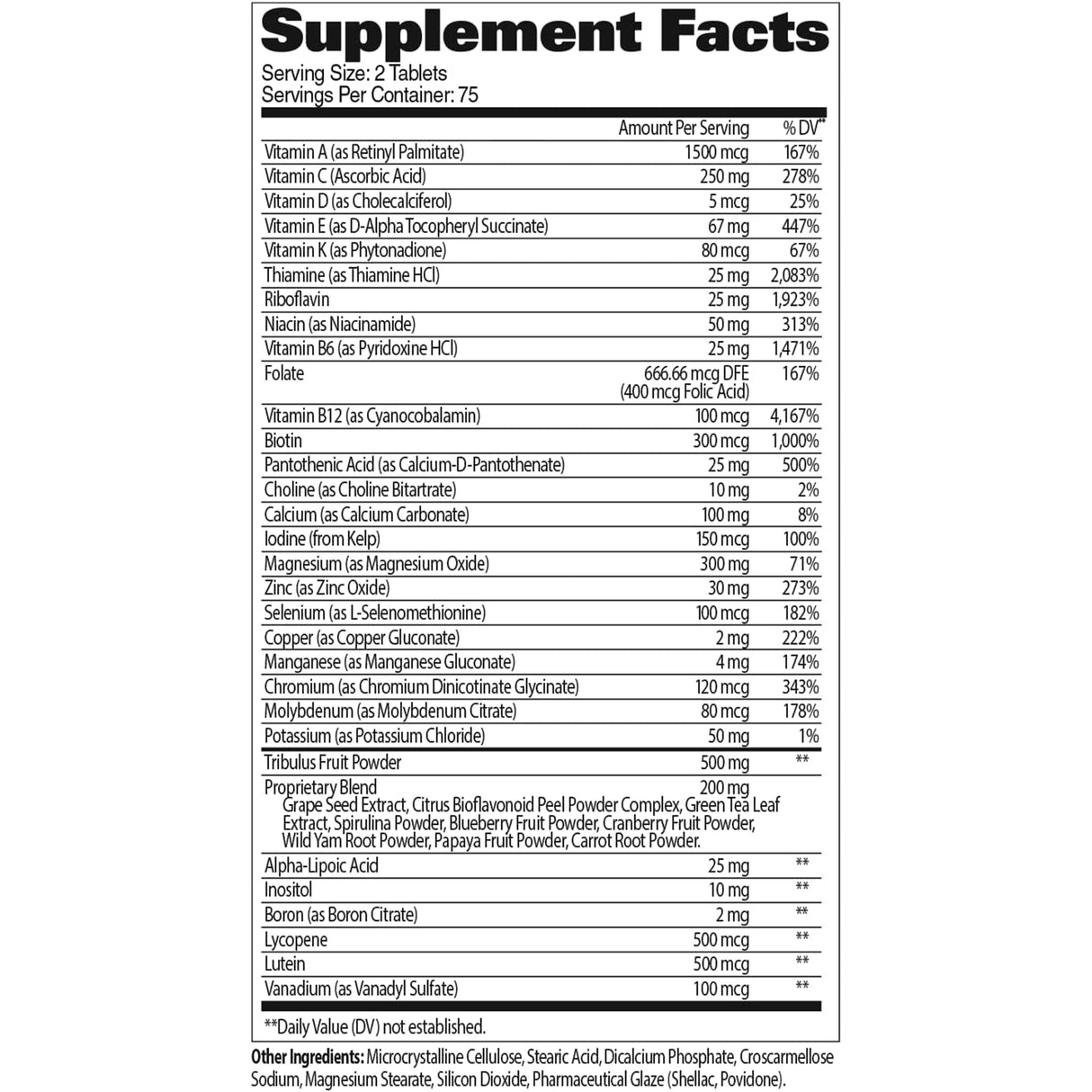 MENS MULTI+TEST VITAMIN NUTRITION CHART 