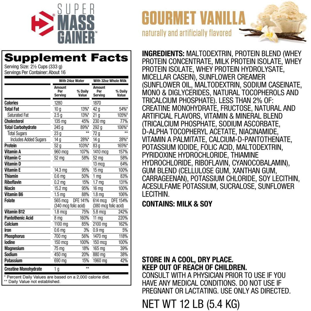 Dymatize super mass gainer - 12 lbs | gourmet vanilla flavor nutrition facts | gym supplements u.s