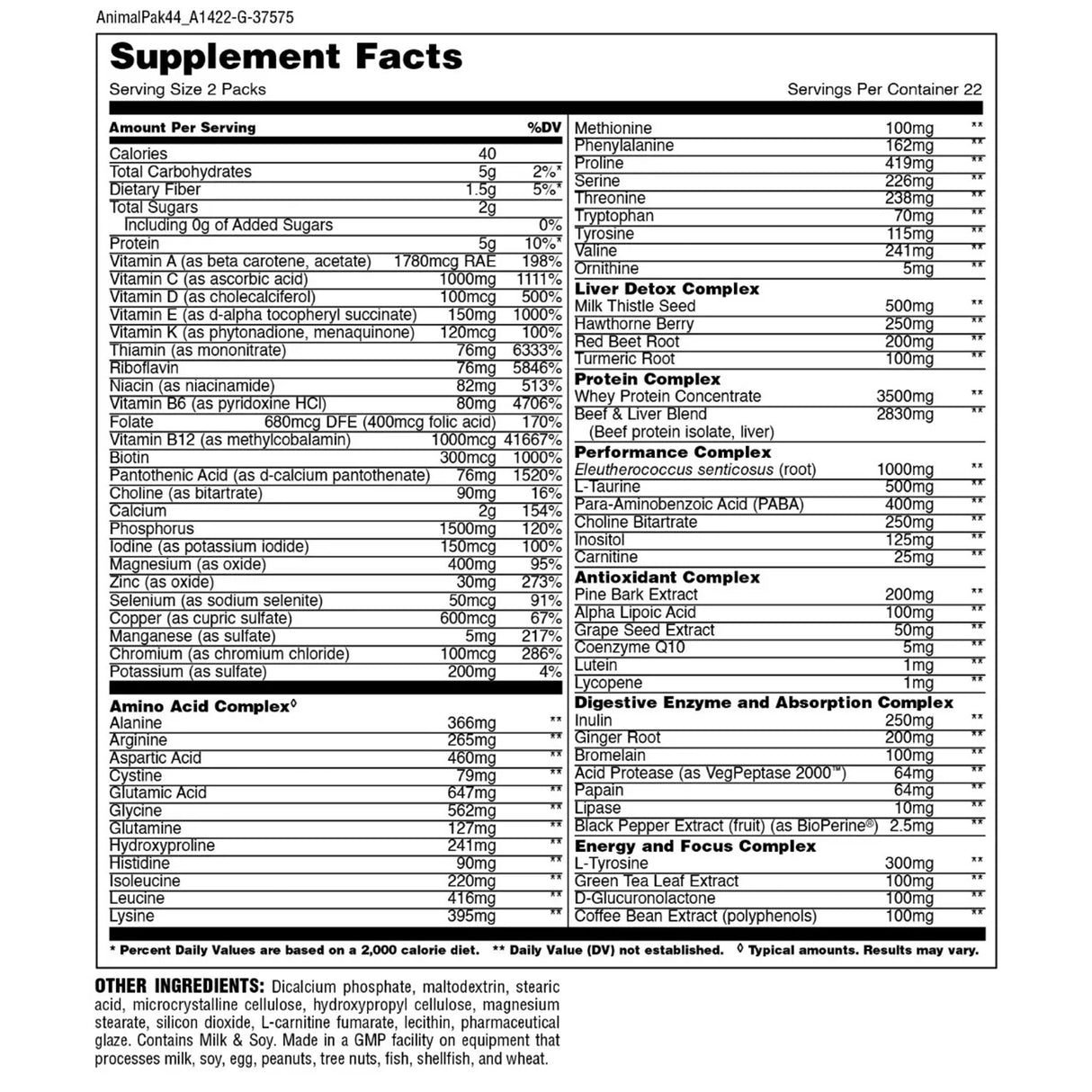 NUTRITION FACTS - ANIMAL PAK - 22 SERVINGS TABLETS | GYMSUPPLEMENTSUS.COM | GYM SUPPLEMENTS U.S